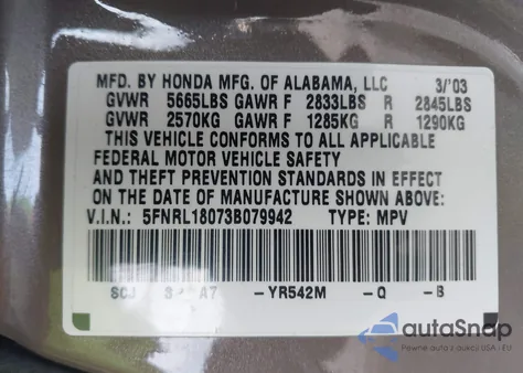 2003 Honda Odyssey Ex-L from USA, damaged, VIN 5FNRL18073B079942